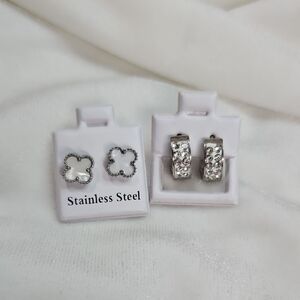 Women's Lot of 2 Stainless Steel Clover Hoop Earrings White Silver Rhinestones